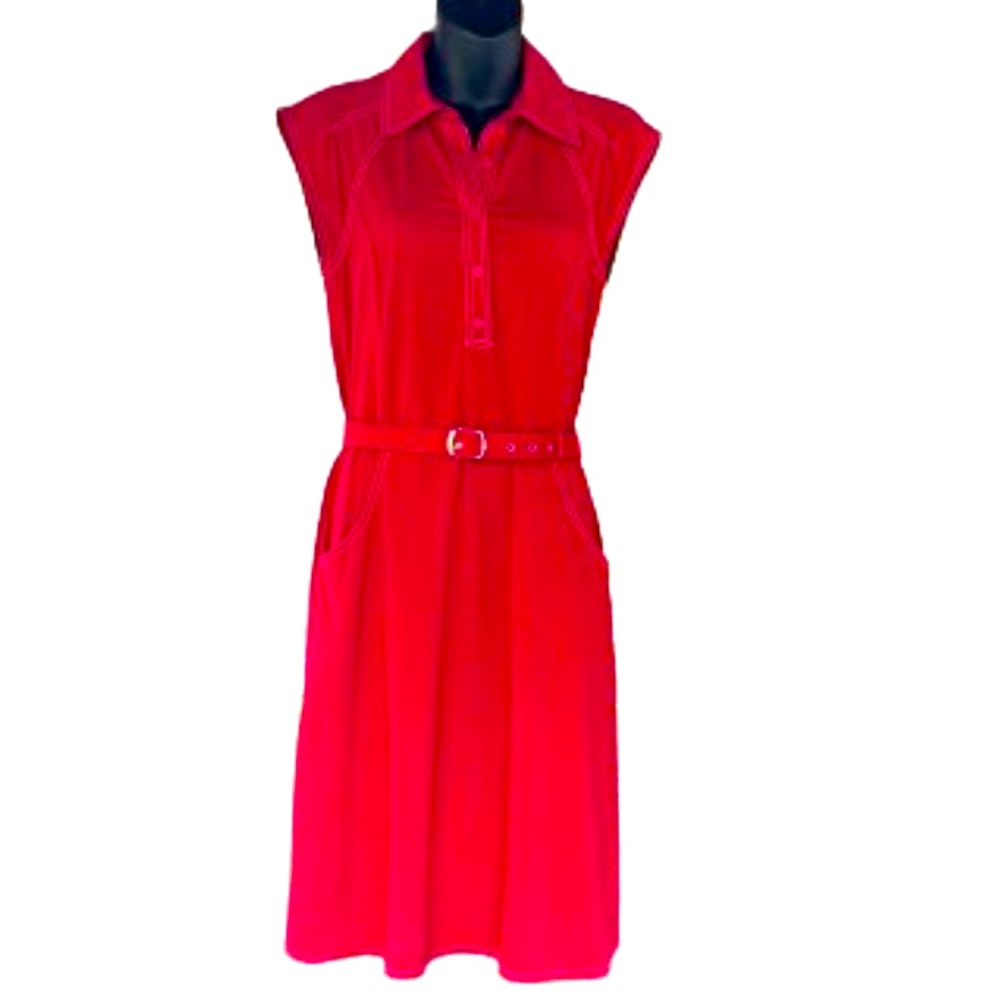 BCBG MaxAzaria red sleeveless belted dress with pockets